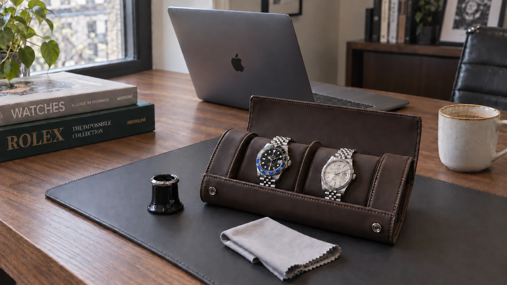 Watch dealer workspace with Rolex watches, watch books and a MacBook