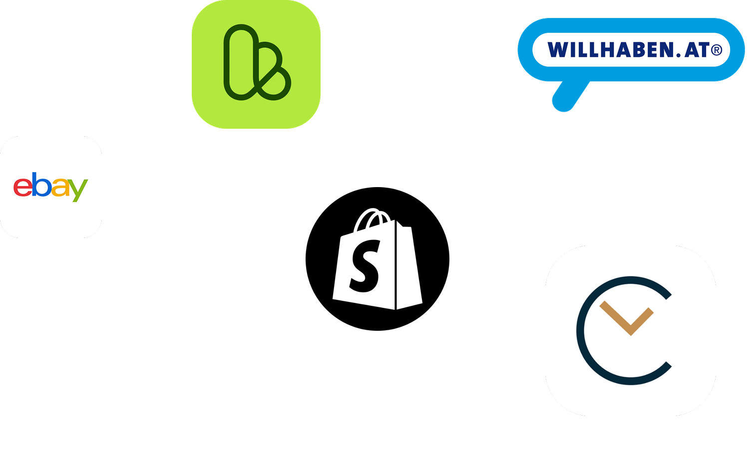 Plattform-Logos: Chrono24, eBay, Shopify, willhaben und Wristler